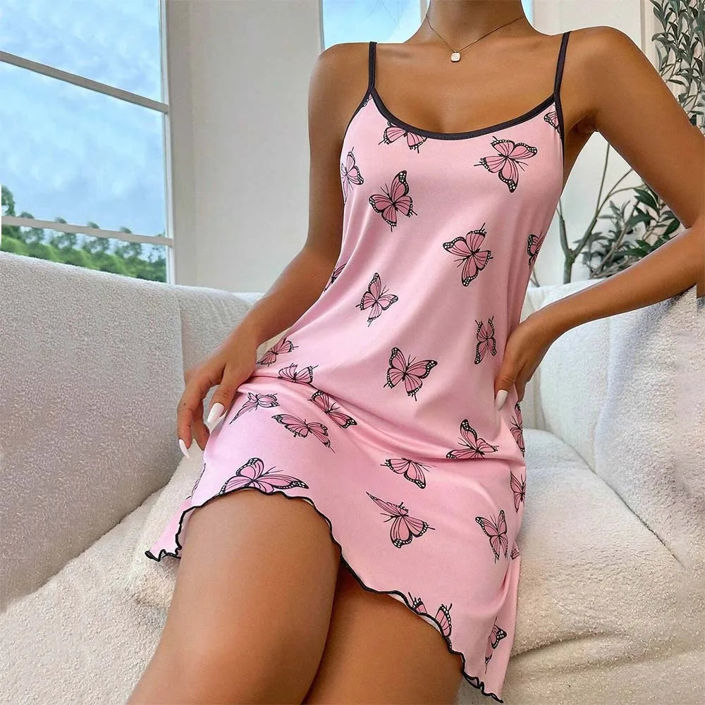 New Fashion Butterfly Print Nightgown for Women Black Star Chemise Short Spaghetti Strap Sleepwear Cute & Trendy Nightwear Hot
