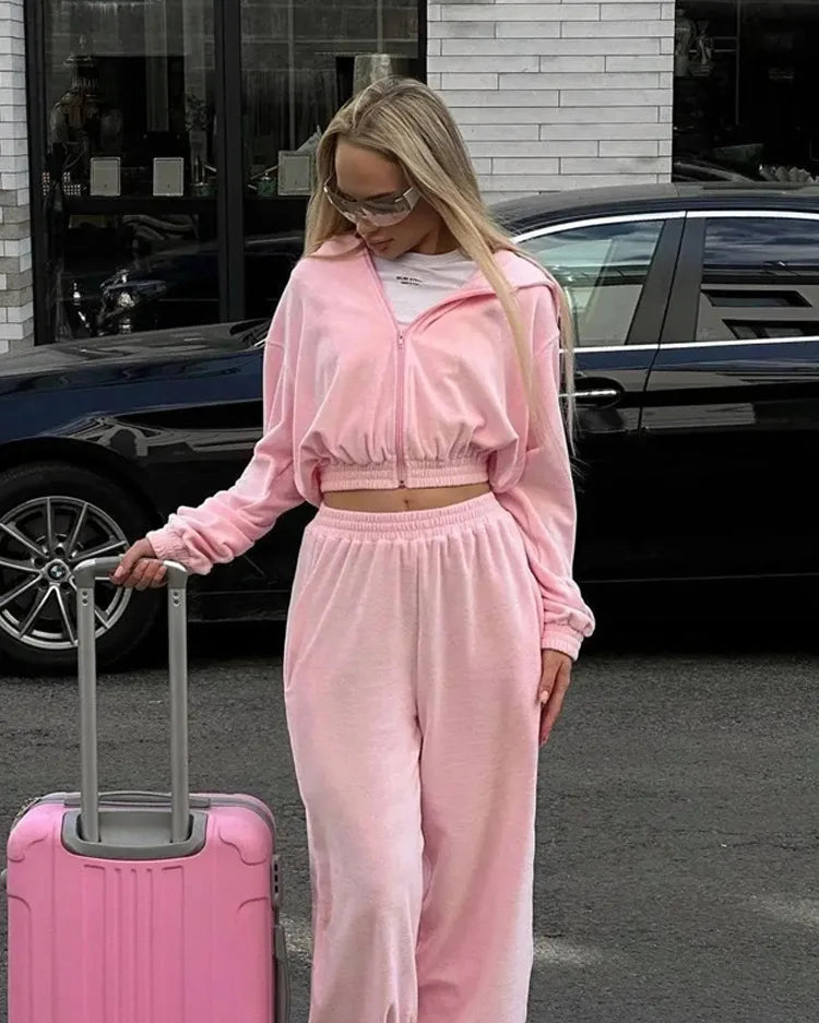 Women's Casual Suit Street Style Long Sleeve Hooded Cardigan Elastic Waist Pants Fashion Two-piece Suit