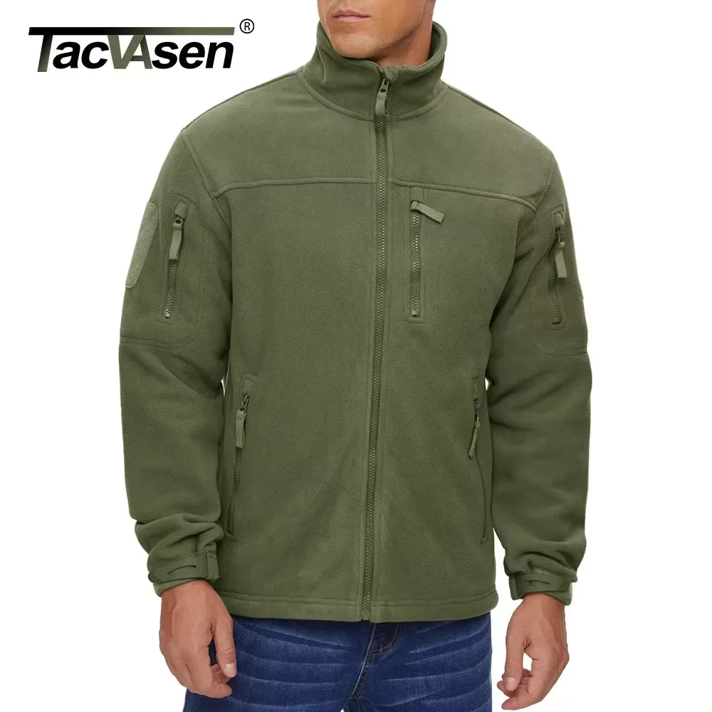 TACVASEN Full Zip Up Green Fleece Jacket Thermal Warm Work Coats Mens Zipper Pockets Jacket Hiking Training Outwear Windbreaker