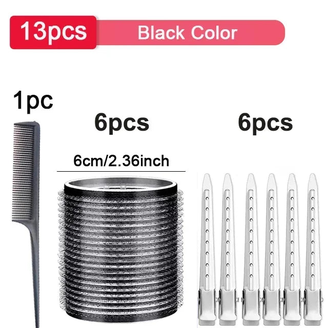 13pcs Black Self Grip Hair Rollers No Heat Hair Curlers Heatless Curls Hair Bangs Volume Self-adhesive Hook DIY Styling Tools