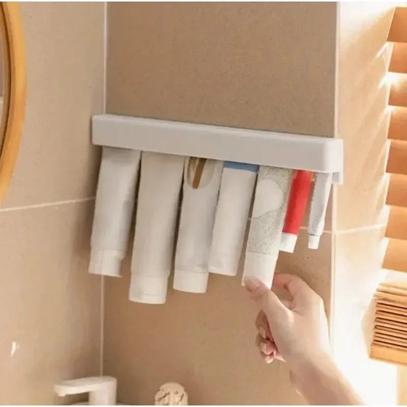 Wall Mount Bathroom LongToothpaste Holder Multifunctional Space-Saving Toothpaste Holder No Drilling Required Storage Rack