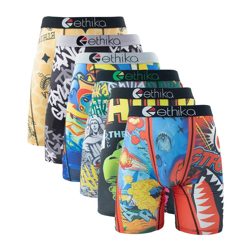ETHIKA 6Pcs Men Underwear Boxers Breathable Man Swimming Underpants Plus Size Print Mens Panties Trunks Sexy Men's Boxershorts