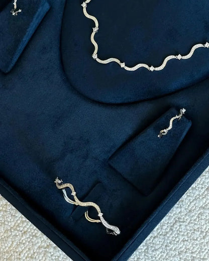 Fashionable Women's Wave Band Bracelet Ring Earring Necklace Set with 5A Cubic Zirconia CZ in Micro Pave Setting