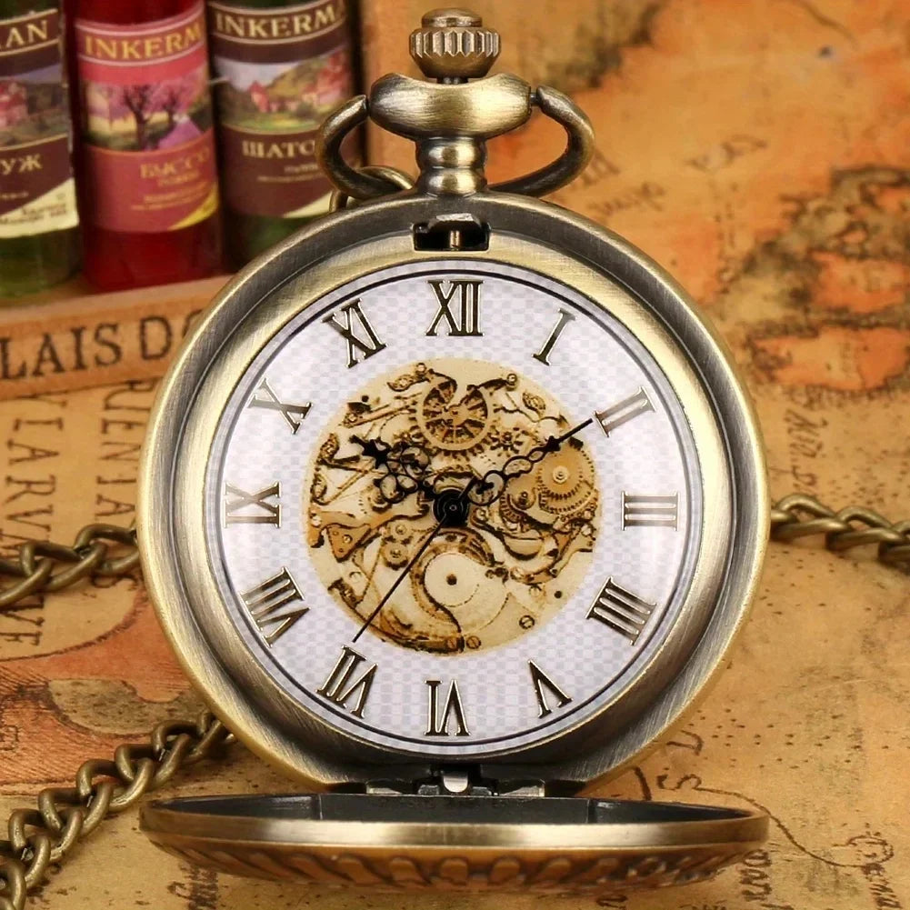 Vintage Bronze Steampunk Copper Cutout Gear Quartz Pocket Watch Necklace Pendant Clock Chain Men Women Chain Gift