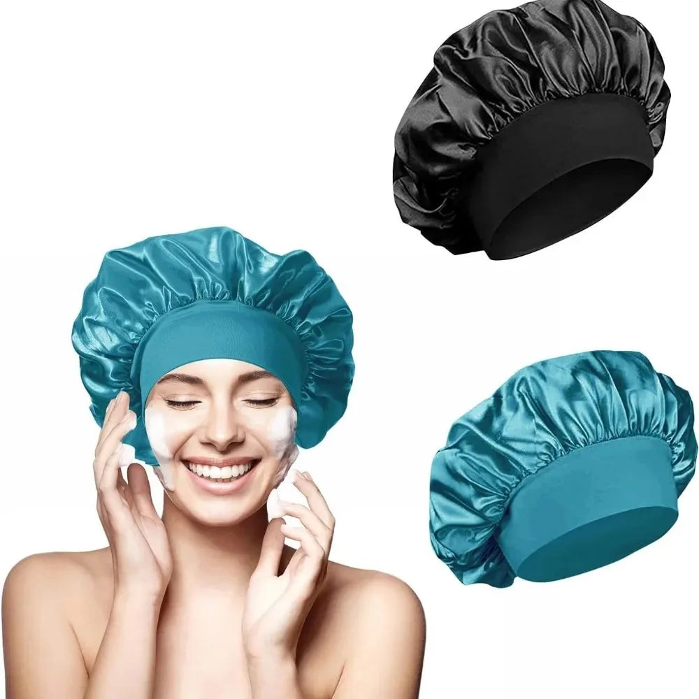 Solid Satin Bonnet Hair Wrap Elastic Band Narrow Head Tie Band Edge Bathroom Shower Cap for Sleeping Women Shower Hair Care