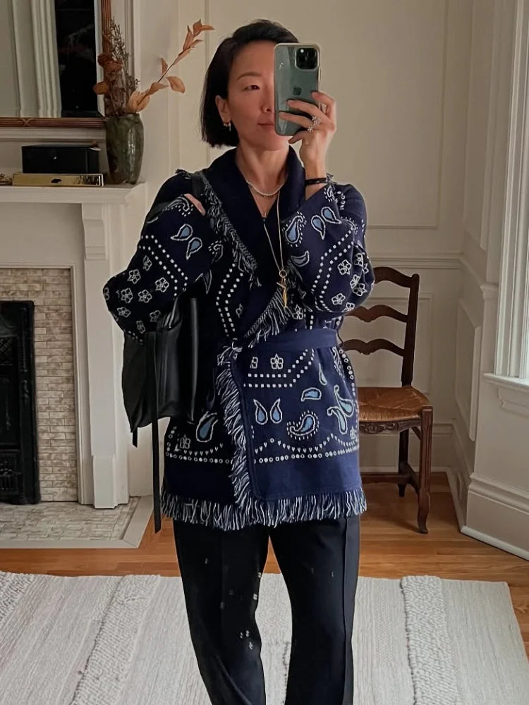 Tassel Patchwork Printed Cardigan Women Fashion V-neck Long Sleeve Loose Outerwears Lady Autumn Daily Commute Street Cardigans