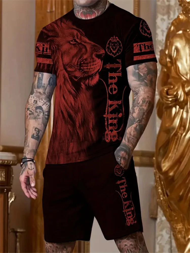 New Men's Sports Suit 3D Three-Dimensional Lion Print Short-Sleeved Outdoor Travel Leisure Two-Piece Suit Plus Size Clothing