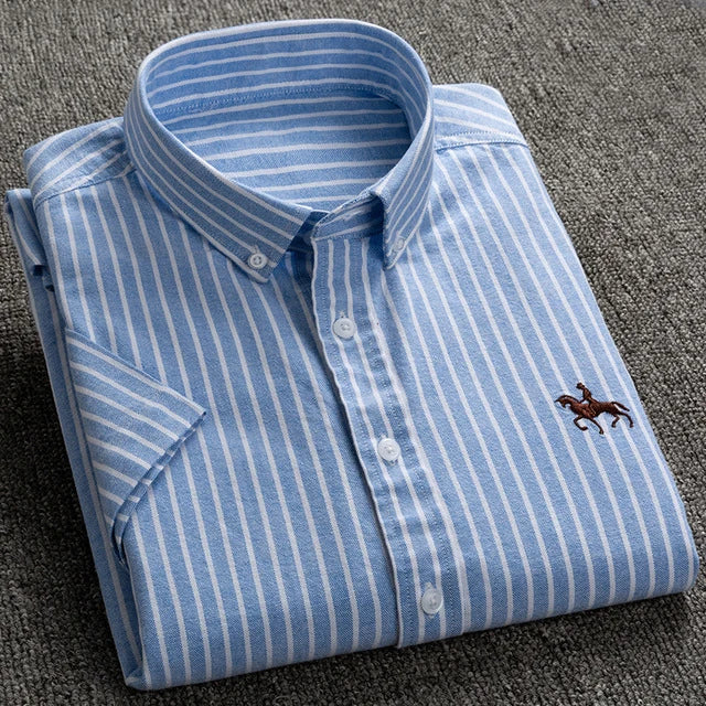 100% Pure Cotton Oxford Shirt For Men¡¯s Short Sleeve Solid Stripe Leisure Embroidered Horse Social Business Formal Dress Shirts