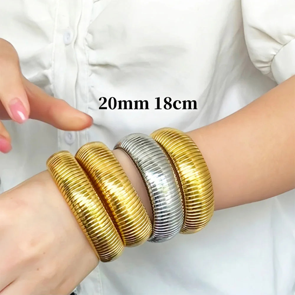 304L Stainless Steel Elastic Bracelet Women 18k Gold Plated Charm Punk Wide Chunky Metal Spiral Bangle pulseras Waterproof