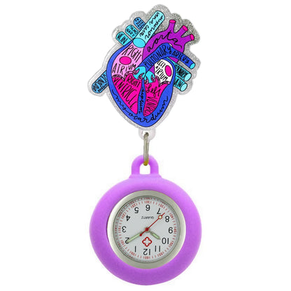 Heart Shape Icons Retractable Nurse Doctor Shiny Badge Reel Clip Pocket Watches Hospital Medical Working Office Hang Clock