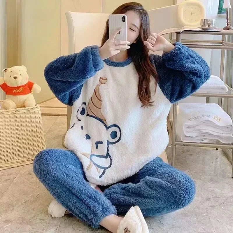 Thickened Warm Flannel Women¡®s Sleepwear Coral Velvet Pajamas Winter Cute Cartoon Bear Padded Two Sets Girl Nightwear Loungewear