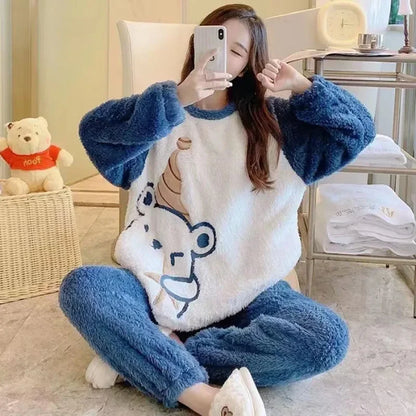 Thickened Warm Flannel Women¡®s Sleepwear Coral Velvet Pajamas Winter Cute Cartoon Bear Padded Two Sets Girl Nightwear Loungewear