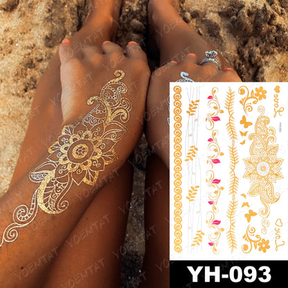 Waterproof Temporary Tattoo Sticker Flowers Mandala Henna Golden Silvery Metallic Flash Tatoo Boho Hand Jewelry Glitter Body Art