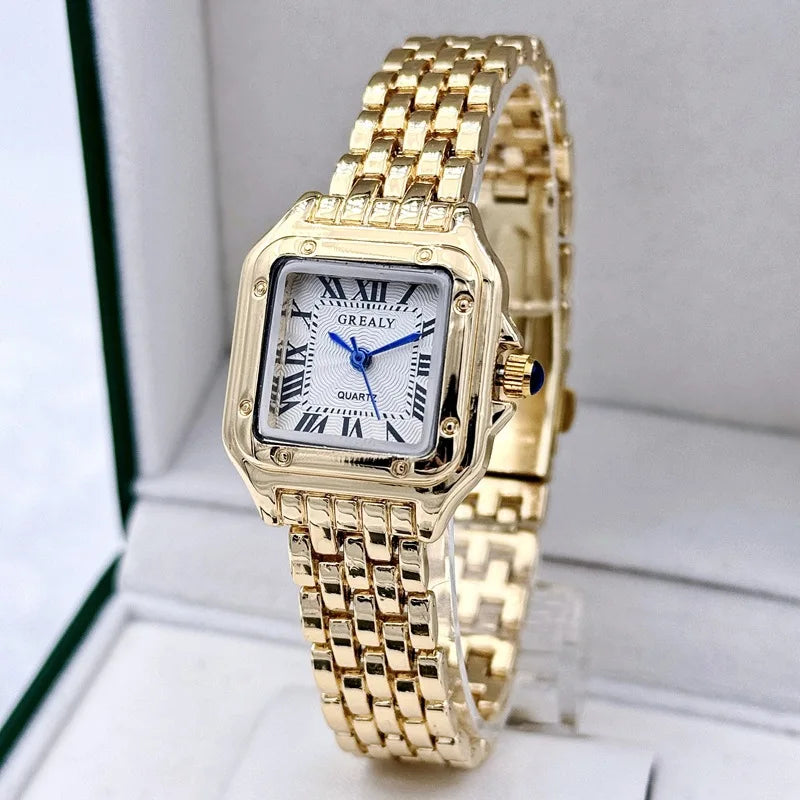 Fashion Quartz Women Watch Simple Elegant Square Dial Gold Stainless Steel Strap Waterproof Leisure Business Watches Gift