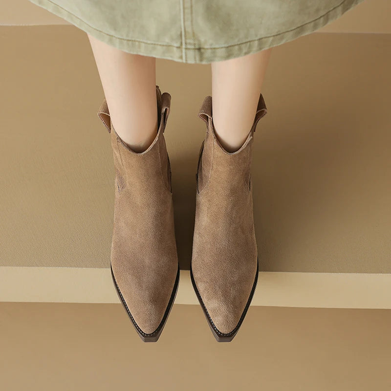 Cow Suede Women Western Boots Black Brown Khaki Mid Block Heels Back Zipper Pointed Toe Retro Ladies Autumn Winter Ankle Boots