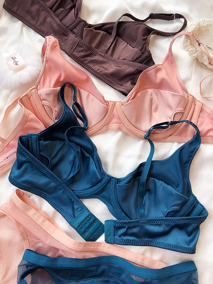 Women Ice Silk Comfort Underwear Sexy Small Breast Push Up Bra Set Detachable Padding Thin Cup Brassiere Intimates Panties Set