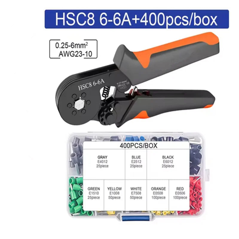 Hexagonal Self-Adjustable Ratchet Ferrule Crimping Tool Kit 23-10AWG 0.25-6mm2 Crimper Kit with 400-2000pcs Wire Terminals