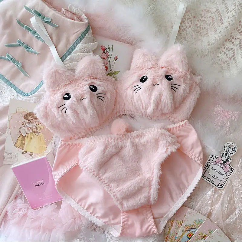 Japanese Girls Winter Soft Ropa Interior Cute Lingerie for Women Cartoon Bear Students Plush  Sexy Bras Wireless Thin Bra Set