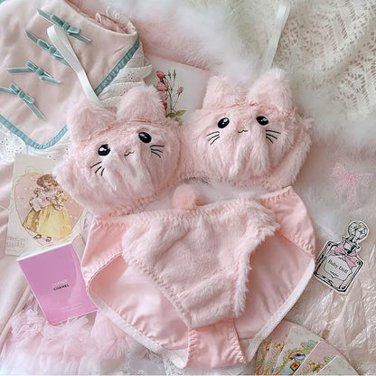 Japanese Girls Winter Soft Ropa Interior Cute Lingerie for Women Cartoon Bear Students Plush  Sexy Bras Wireless Thin Bra Set