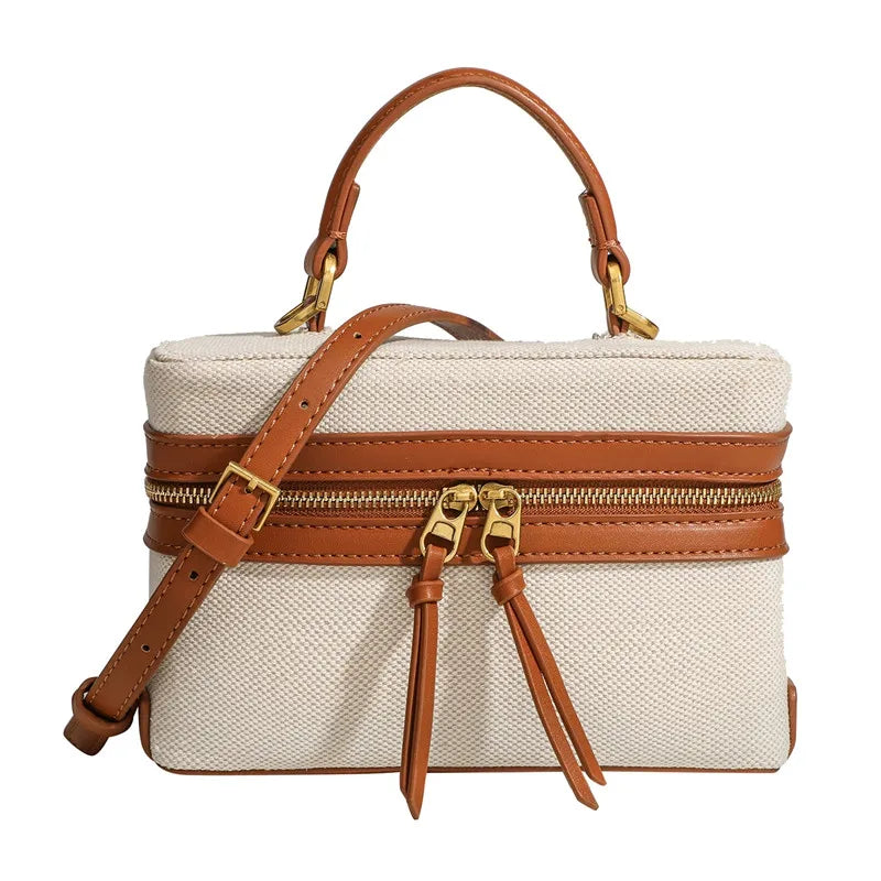 Retro Splicing Canvas Box Bag, Commuter Tote Shoulder Crossbody Bags For Women Daily Lunch Box Bag Pouch