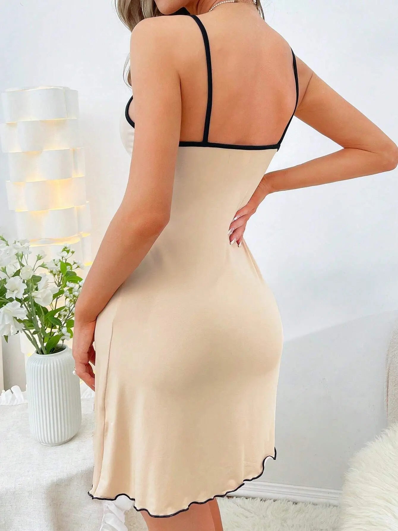 Womens Cute Little Bear Print Cami Nightgown Spaghetti Strap Sleep Dress Mini Lettuce Hem Contrast Trim Loungewear Y2K Style