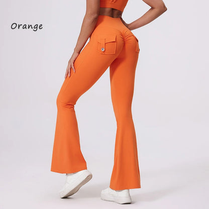 DIAS FIT JOY Women's pocket bell bottoms yoga high waisted hip lifting fitness pants quick drying running exercise fitness gym