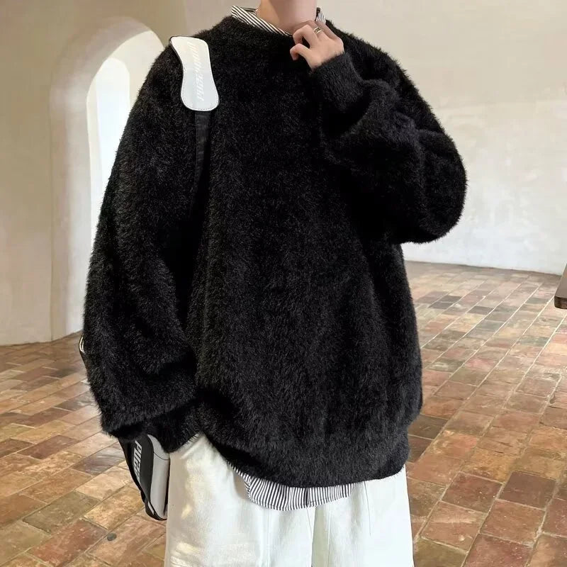 Autumn Men's Solid Fluffy Knitted Sweaters New Korean Fashion Loose Warm Pullovers Winter Couples Y2K Vintage Knitwear Jumpers