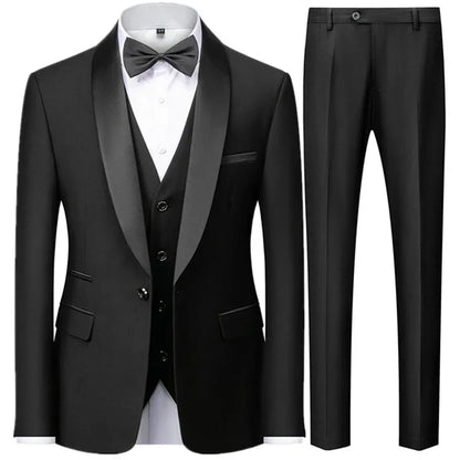 Black Men Autumn Wedding Party Three Pieces Set Large Size Male Blazer Coat Pants and Vest Fashion Slim Fit Suit