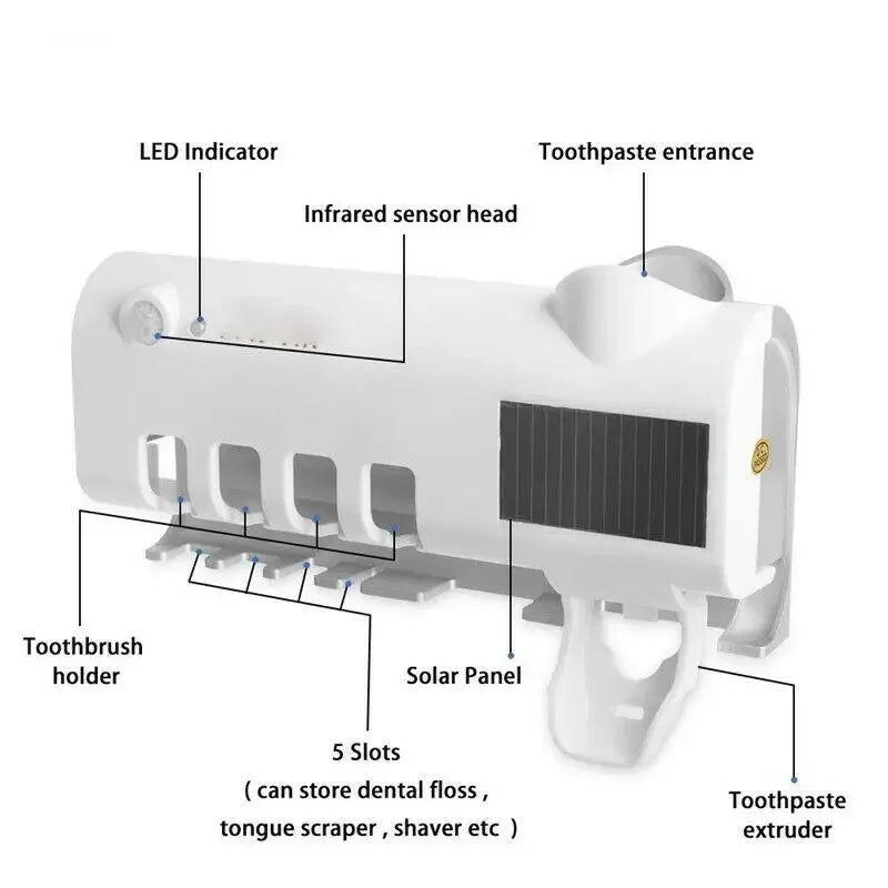 A wall mounted solar ultraviolet toothbrush sterilizer with automatic toothbrush holder and bathroom accessories