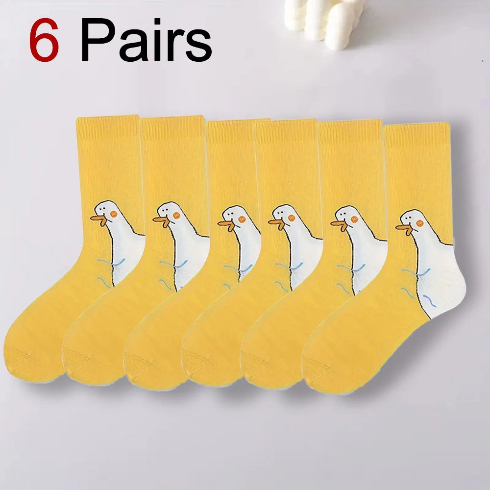 1/6 Pairs Cartoon Women Socks Fashionable And Versatile Cute Design Funny Goose Breathable Soft Comfortable Women Casual Socks?