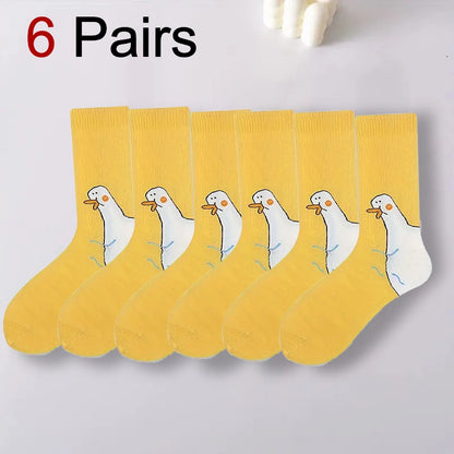 1/6 Pairs Cartoon Women Socks Fashionable And Versatile Cute Design Funny Goose Breathable Soft Comfortable Women Casual Socks?