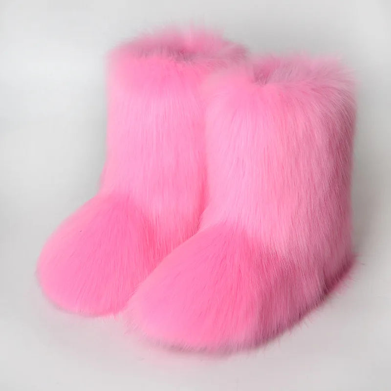 Women Faux Fur Boots Winter Fluffy Plush Warm Mid Calf Snow Boots Luxury Fashion Furry Boots Comfortable Outdoor Flat Shoes