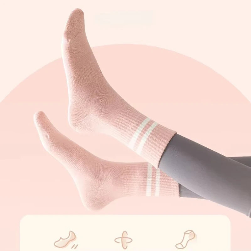 4 Pairs of Mid Tube Double Bar Striped Yoga Socks Anti Slip Dance Sports Breathable Socks Fitness Pilates Cotton Socks