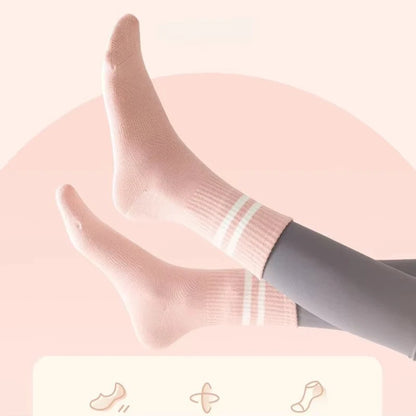 4 Pairs of Mid Tube Double Bar Striped Yoga Socks Anti Slip Dance Sports Breathable Socks Fitness Pilates Cotton Socks