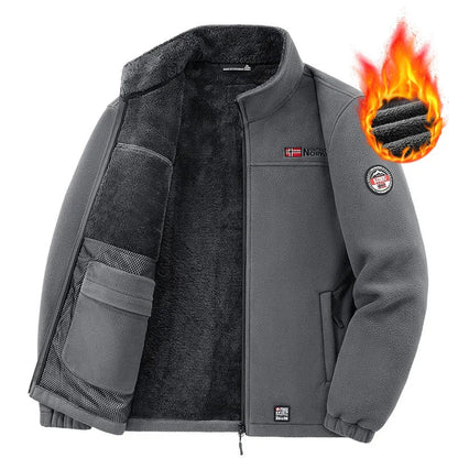 Men's Stand Collar Fleece Lined Jacket Autumn Winter Cold Proof Outerwear Sheep Fleece Lining Windproof Men's Outerwear