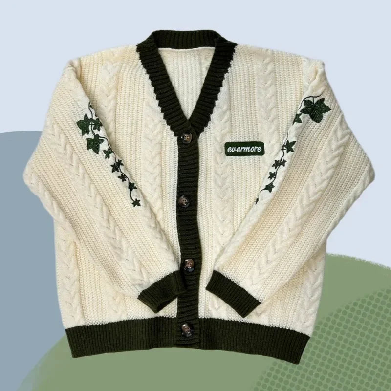 Autumn Red Maple Leaf Embroidered Leaves Knitted Cardigan Women Winter V-neck Single Breasted Show Y2k Style Cardigans Girls