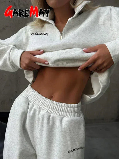 Autumn Women's Tracksuit with Zipper Cotton Oversize White Casual Two Piece Set Women  Classic Sports Trouser Suits for Women