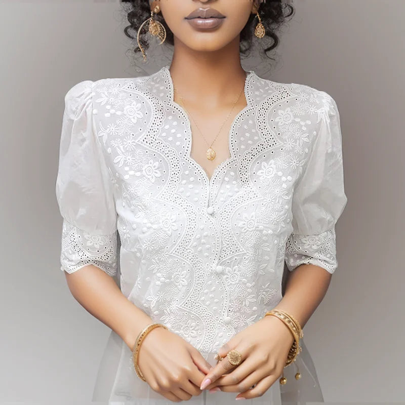 Summer Embroidery Puff Sleeve Linen Cotton Women Blouse Spring Casual White Hollow Out Tops Short Sleeve Shirt