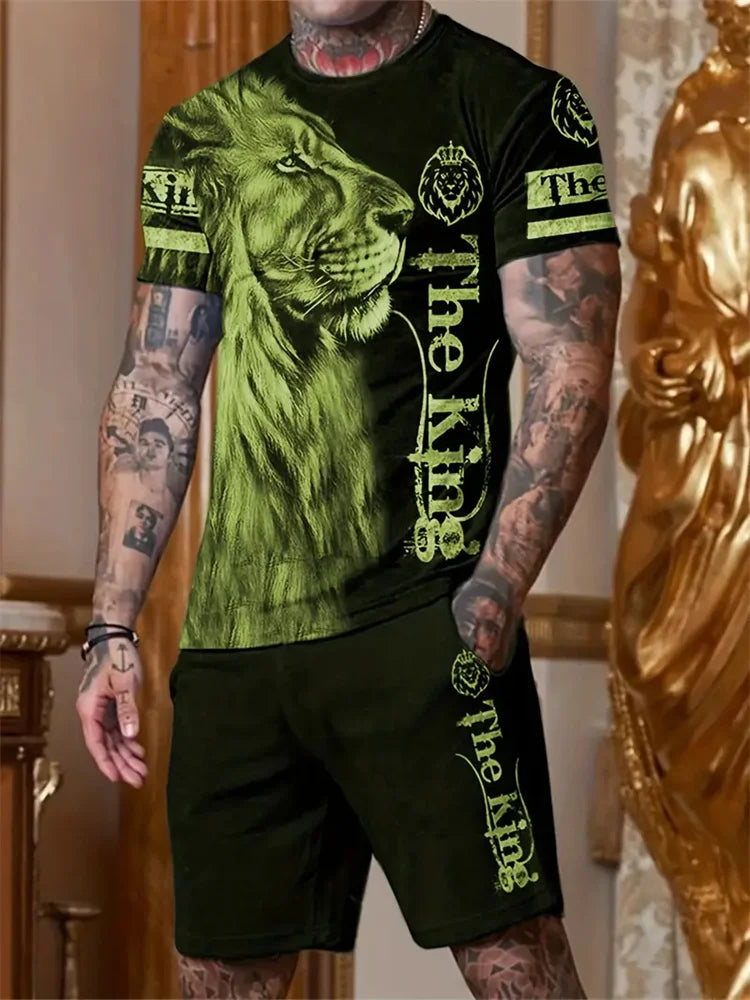 New Men's Sports Suit 3D Three-Dimensional Lion Print Short-Sleeved Outdoor Travel Leisure Two-Piece Suit Plus Size Clothing