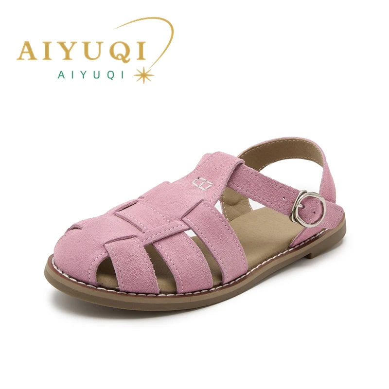 AIYUQI Flat-soled Retro Genuine Leather Hollow Baotou Sandals Women's 2025 New Hollow Pig Cage Women's Sandals