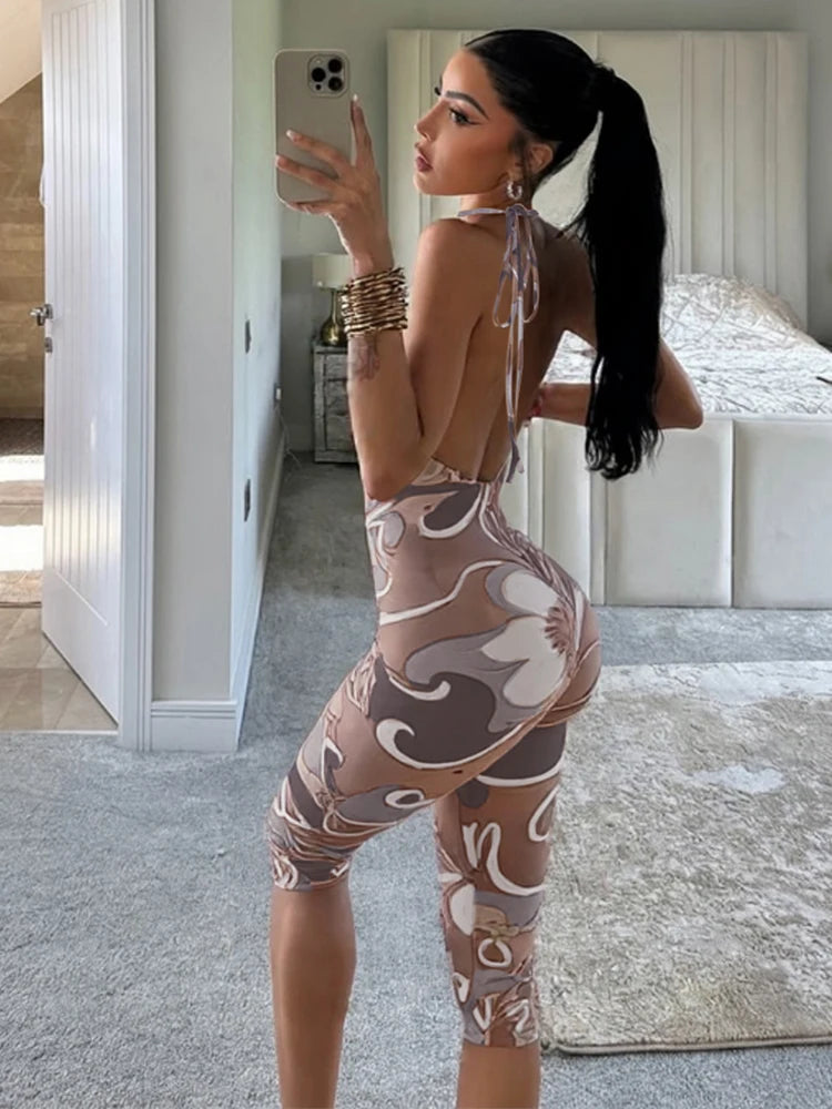 Sisterlinda Aesthetic Print Halter Playsuits Fashion Sexy Backless Bandage Body-shaping Rompers Female Attractive Club One Piece