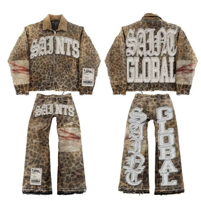 Vintage Leopard Camouflage Jeans Jacket Two Piece Y2K Suit Mens Womens Letters Patch Embroidery Oversized Coats Jeans Clothes