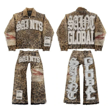 Vintage Leopard Camouflage Jeans Jacket Two Piece Y2K Suit Mens Womens Letters Patch Embroidery Oversized Coats Jeans Clothes