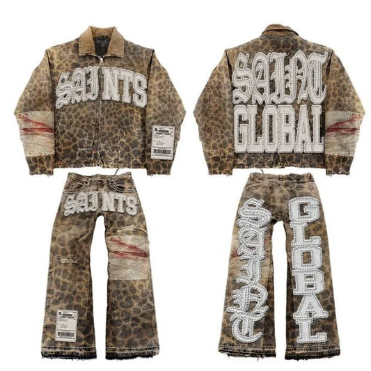 Vintage Leopard Camouflage Jeans Jacket Two Piece Y2K Suit Mens Womens Letters Patch Embroidery Oversized Coats Jeans Clothes