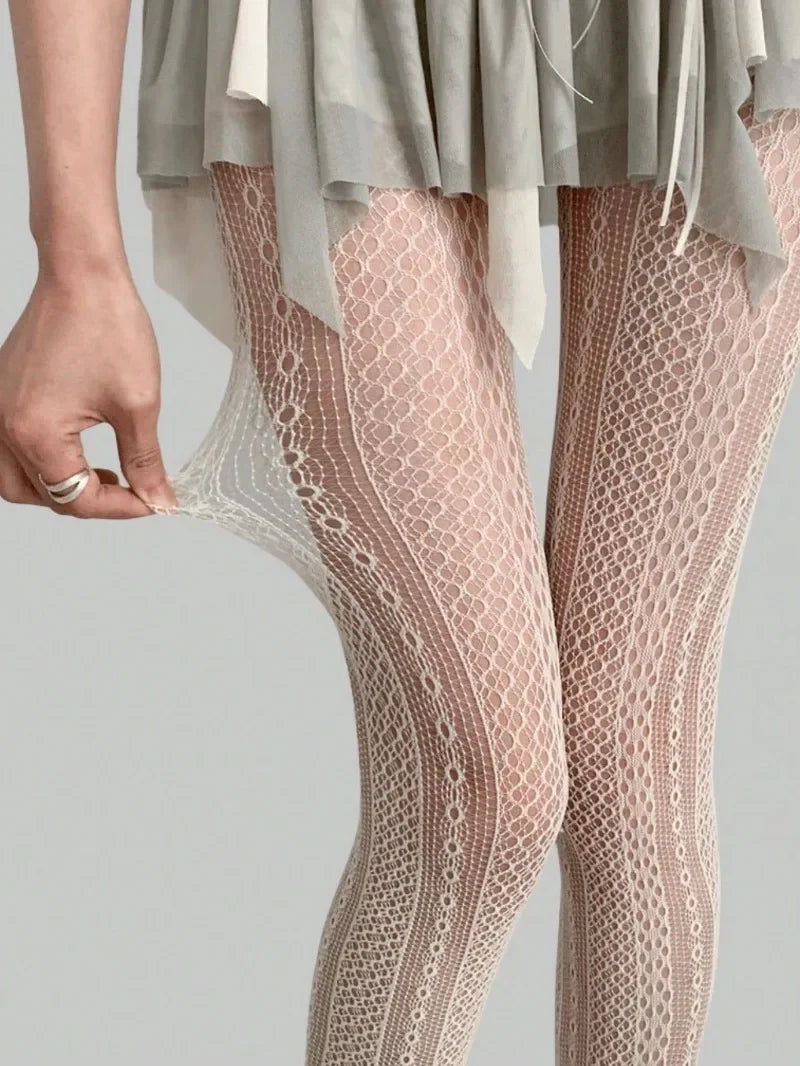 Women Sexy Lace Fishnet Stockings Lolita Hollow Out Solid Pantyhose JK Japanese Style High Waist Vintage Rhombus Striped Tights