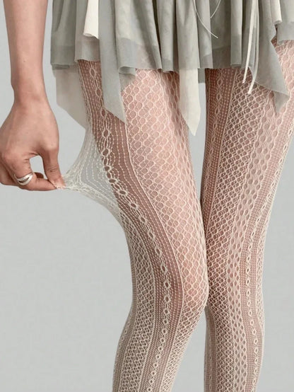 Women Sexy Lace Fishnet Stockings Lolita Hollow Out Solid Pantyhose JK Japanese Style High Waist Vintage Rhombus Striped Tights