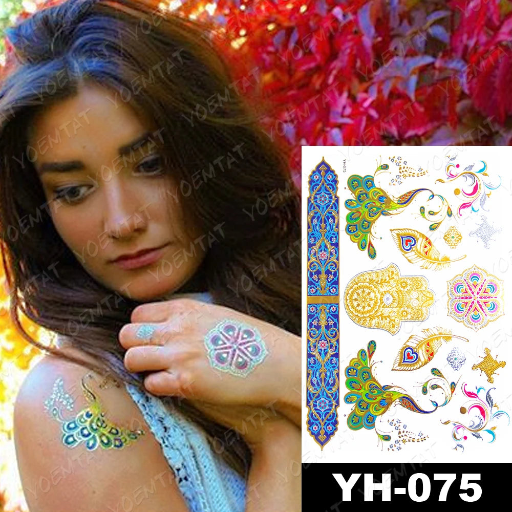 Waterproof Temporary Tattoo Sticker Flowers Mandala Henna Golden Silvery Metallic Flash Tatoo Boho Hand Jewelry Glitter Body Art