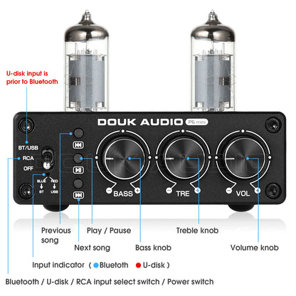 Douk Audio HiFi Bluetooth 5.0 Valve Tube Preamp Stereo Receiver USB Player Home Desktop Pre-amplifier w/Treble Bass Control
