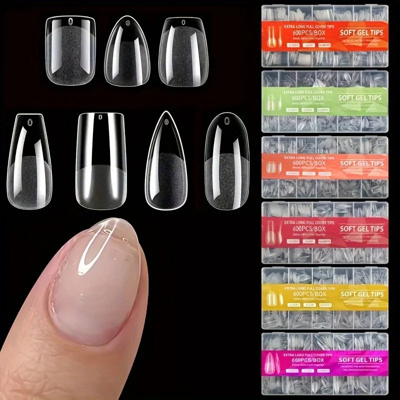 600Pcs Nail Tips Short Almond Shaped Half Matte Clear Acrylic False Nail Tips for Nail Extension Manicure Tools