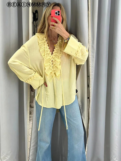Solid Ruffles Full Sleeve Chiffon Shirt Women Casual V Neck Long Sleeves High Street Blouses 2025 Spring Summer Loose New Tops